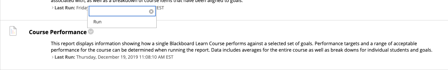 Drop down menu to Run a Course Performance Report